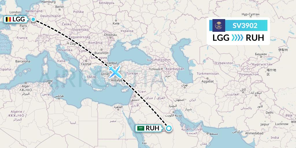 SV3902 Saudi Arabian Airlines Flight Map: Liege to Riyadh