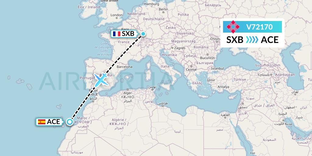 V72170 Volotea Flight Map: Strasbourg to Lanzarote