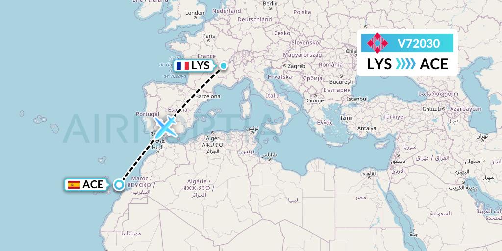 V72030 Volotea Flight Map: Lyon to Lanzarote
