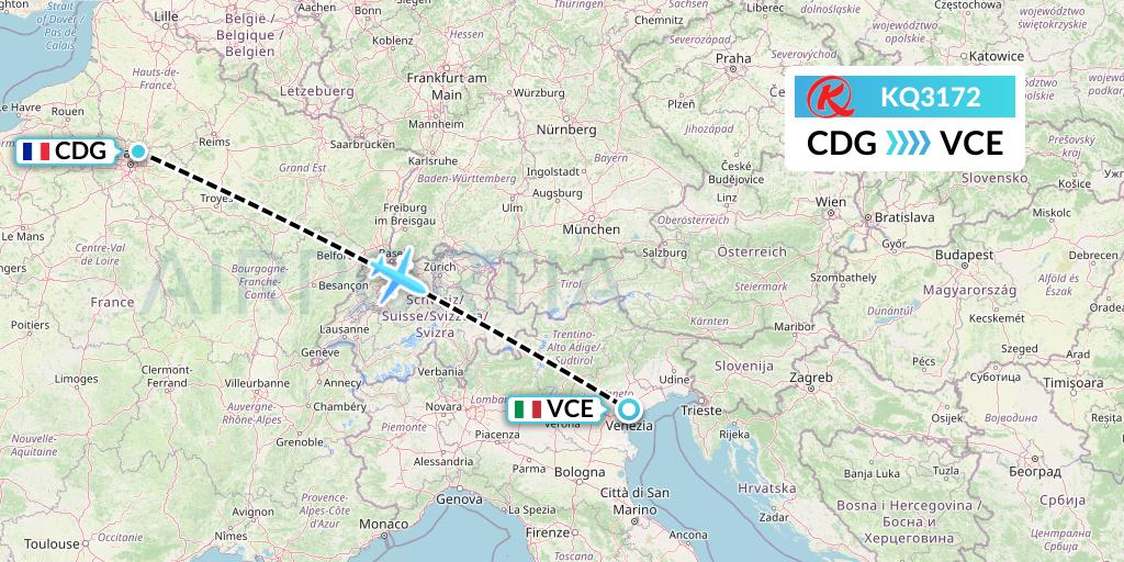 KQ3172 Kenya Airways Flight Map: Paris to Venice