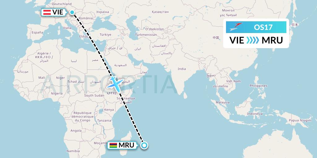 OS17 Austrian Airlines Flight Map: Vienna to Port Louis