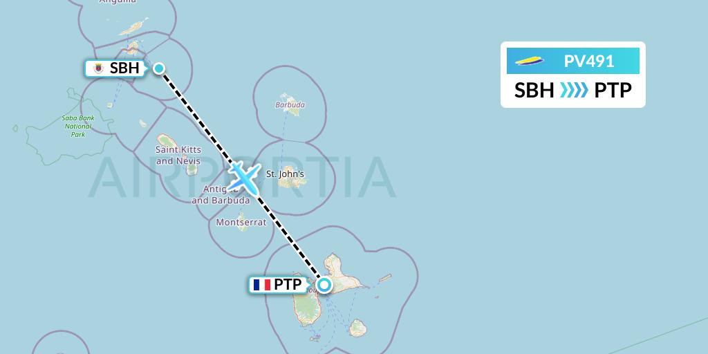 PV491 St. Barth Commuter Flight Map: St. Jean to Pointe-a-Pitre