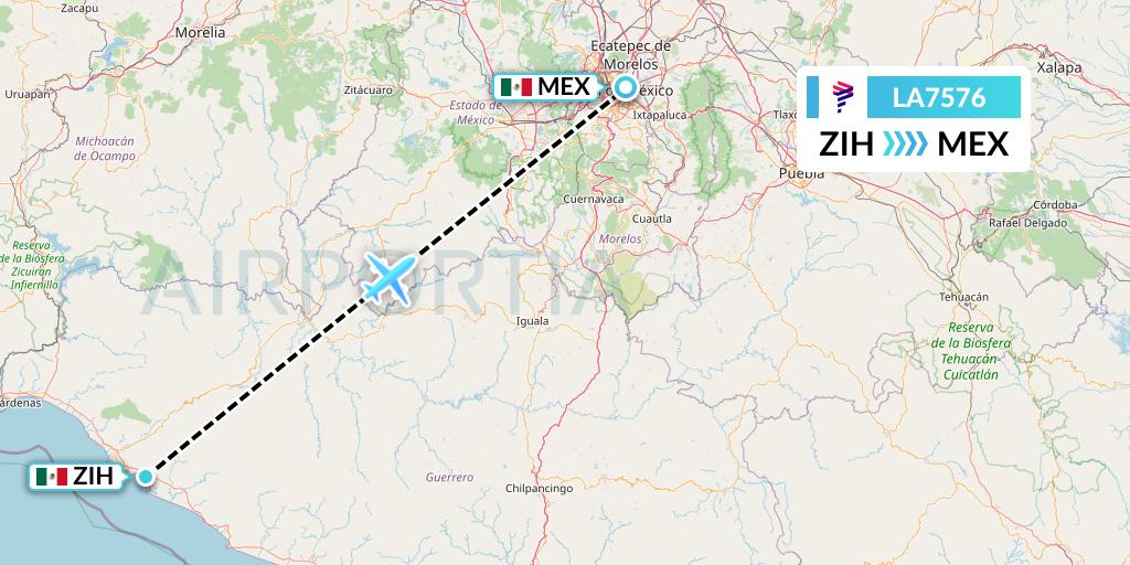 LA7576 LAN Airlines Flight Map: Zihuatanejo to Mexico City