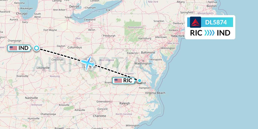 DL5874 Delta Air Lines Flight Map: Richmond to Indianapolis