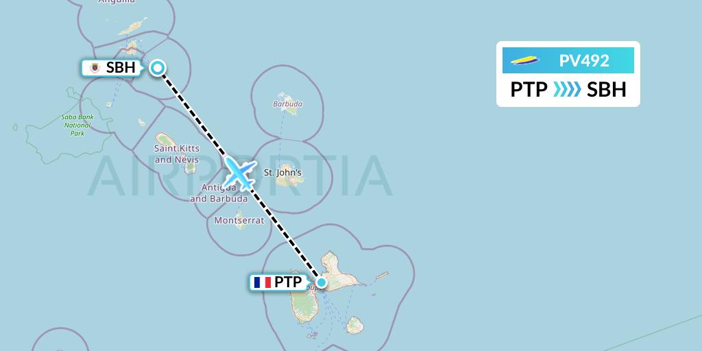 PV492 St. Barth Commuter Flight Map: Pointe-a-Pitre to St. Jean
