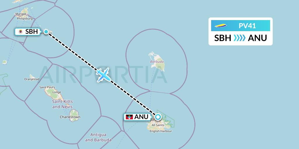 PV41 St. Barth Commuter Flight Map: St. Jean to Antigua