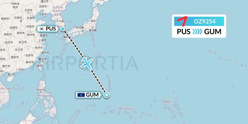 OZ9254 Asiana Airlines Flight Map: Busan to Guam