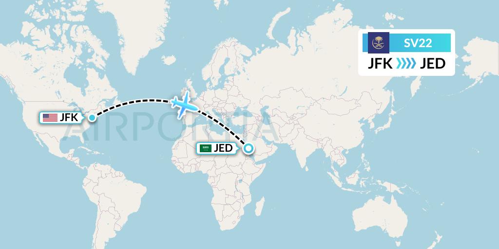 SV22 Saudi Arabian Airlines Flight Map: New York to Jeddah