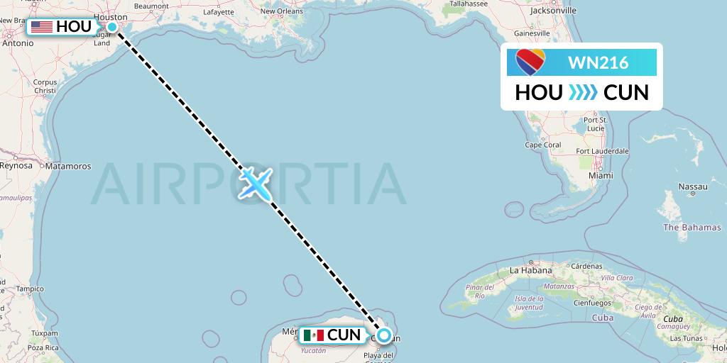WN216 Southwest Airlines Flight Map: Houston to Cancun