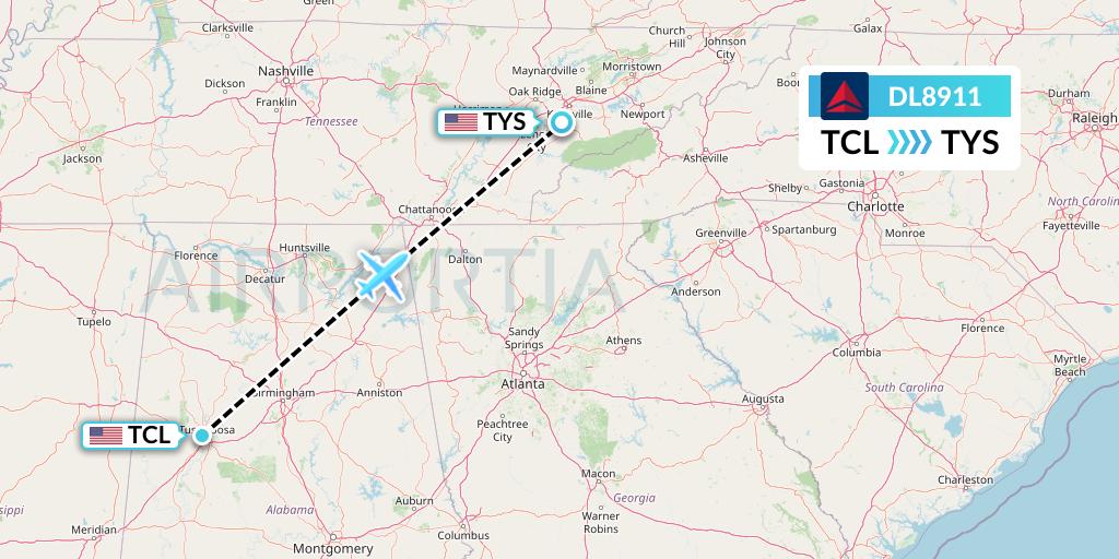 DL8911 Delta Air Lines Flight Map: Tuscaloosa to Knoxville