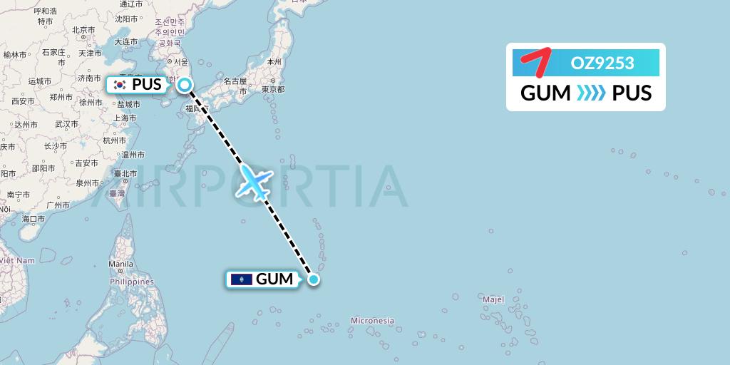 OZ9253 Asiana Airlines Flight Map: Guam to Busan
