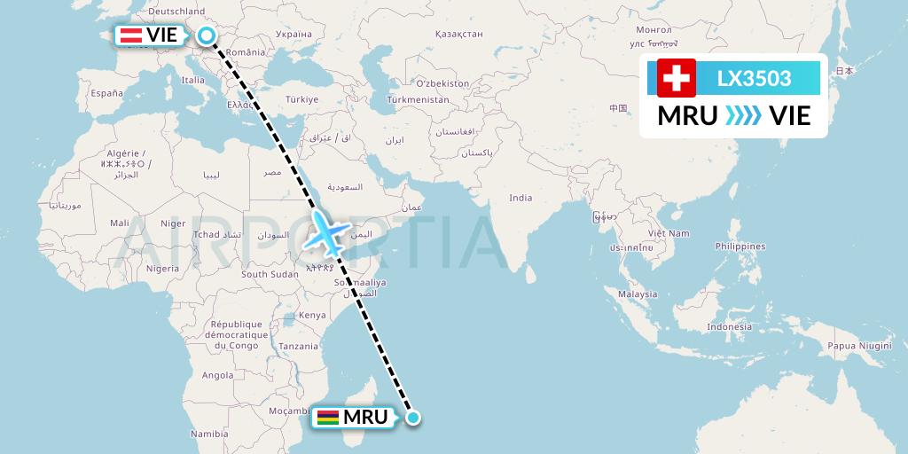 LX3503 Swiss Flight Map: Port Louis to Vienna