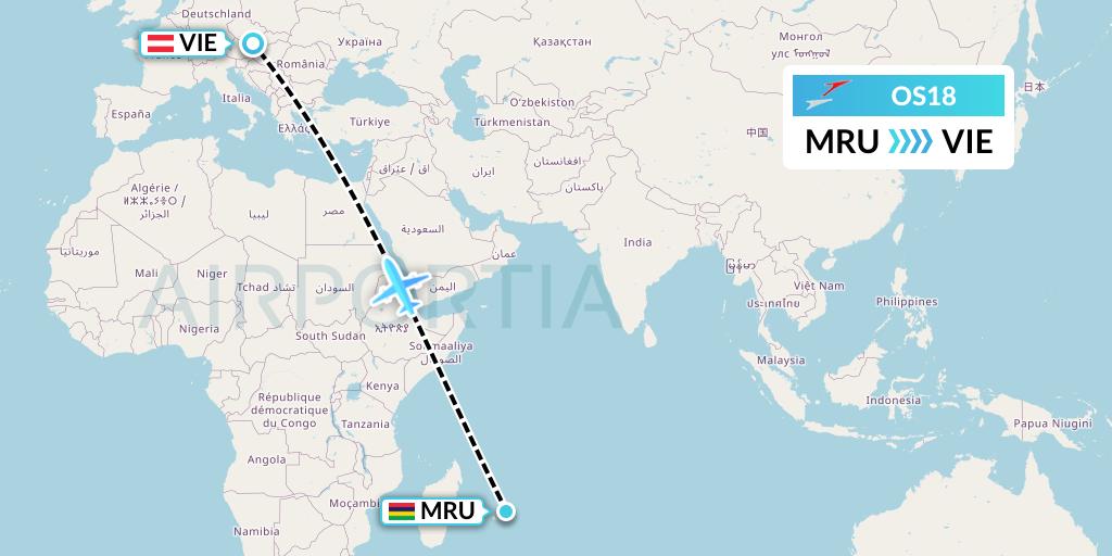 OS18 Austrian Airlines Flight Map: Port Louis to Vienna