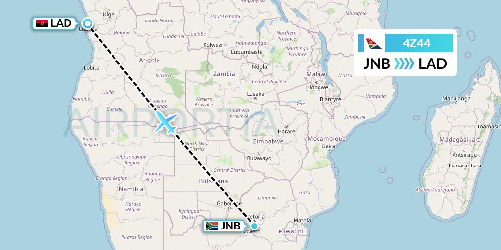 4Z44 Airlink Flight Map: Johannesburg to Luanda