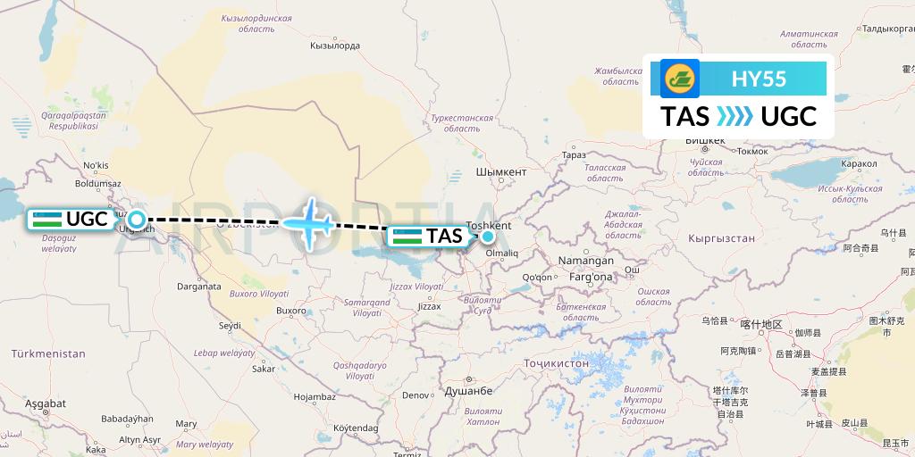 HY55 Uzbekistan Airways Flight Map: Tashkent to Urgench