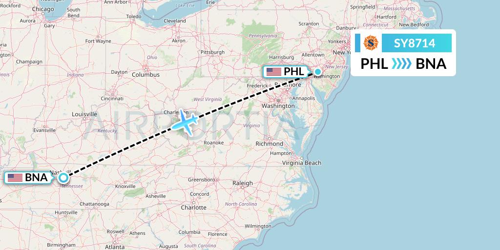 SY8714 Sun Country Airlines Flight Map: Philadelphia to Nashville