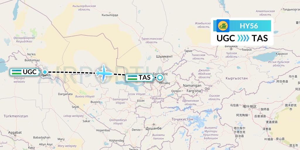 HY56 Uzbekistan Airways Flight Map: Urgench to Tashkent