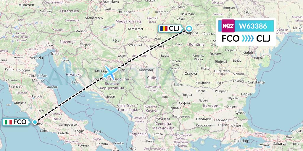 W63386 Wizz Air Flight Map: Rome to Cluj-Napoca