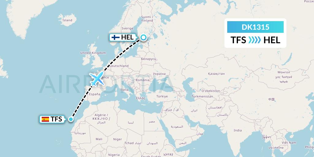DK1315 Thomas Cook Airlines Scandinavia Flight Map: Tenerife to Helsinki