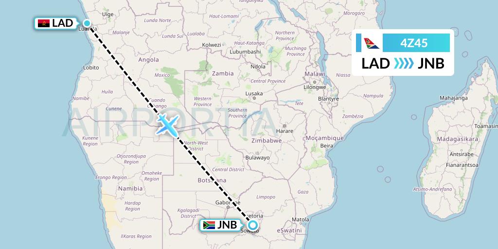 4Z45 Airlink Flight Map: Luanda to Johannesburg