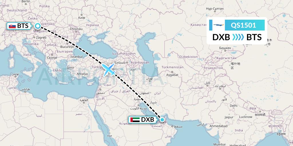 QS1501 Smartwings Flight Map: Dubai to Bratislava