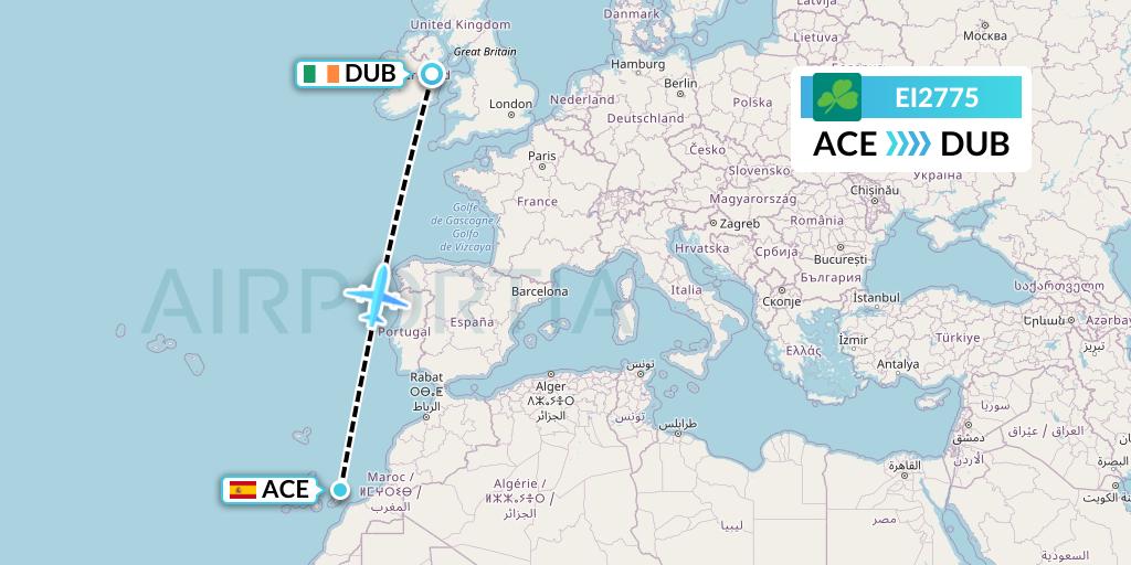 EI2775 Aer Lingus Flight Map: Lanzarote to Dublin