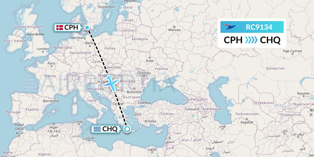 RC9134 Atlantic Airways Flight Map: Copenhagen to Chania