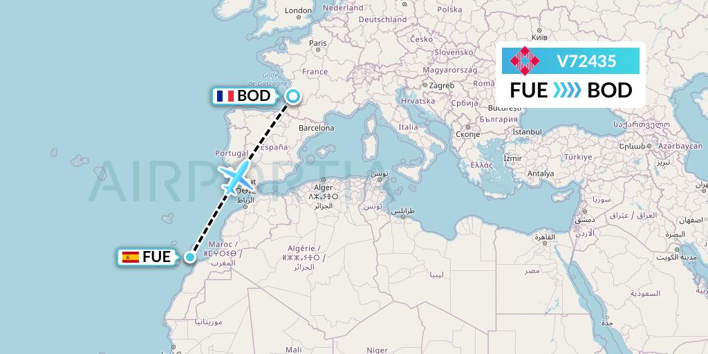 V72435 Volotea Flight Map: Fuerteventura to Bordeaux