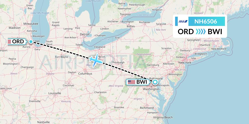 NH6506 All Nippon Airways Flight Map: Chicago to Baltimore