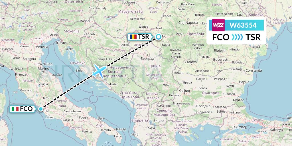 W63554 Wizz Air Flight Map: Rome to Timisoara