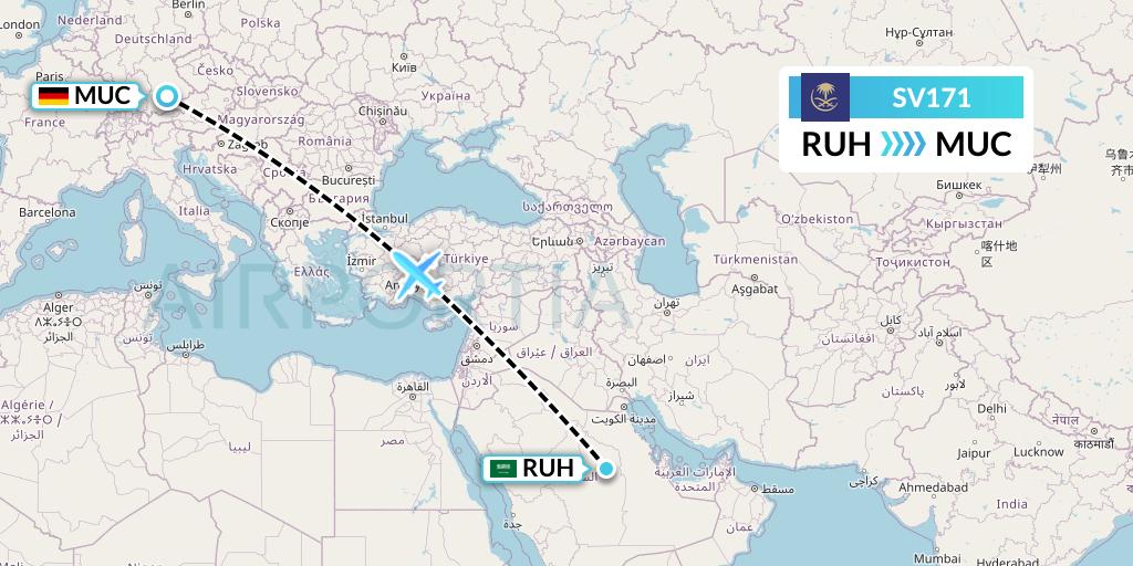 SV171 Saudi Arabian Airlines Flight Map: Riyadh to Munich