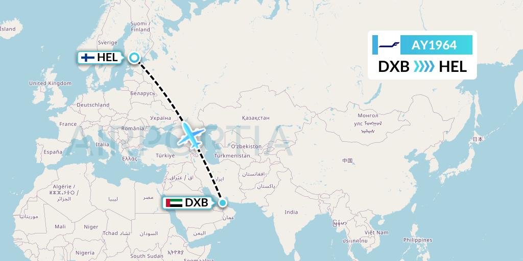 AY1964 Finnair Flight Map: Dubai to Helsinki