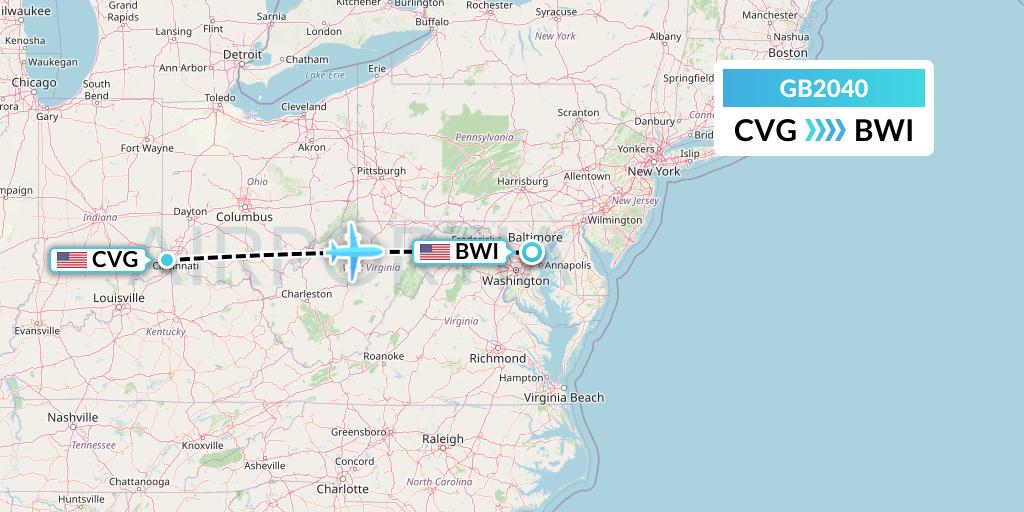 GB2040 ABX Air Flight Map: Cincinnati to Baltimore