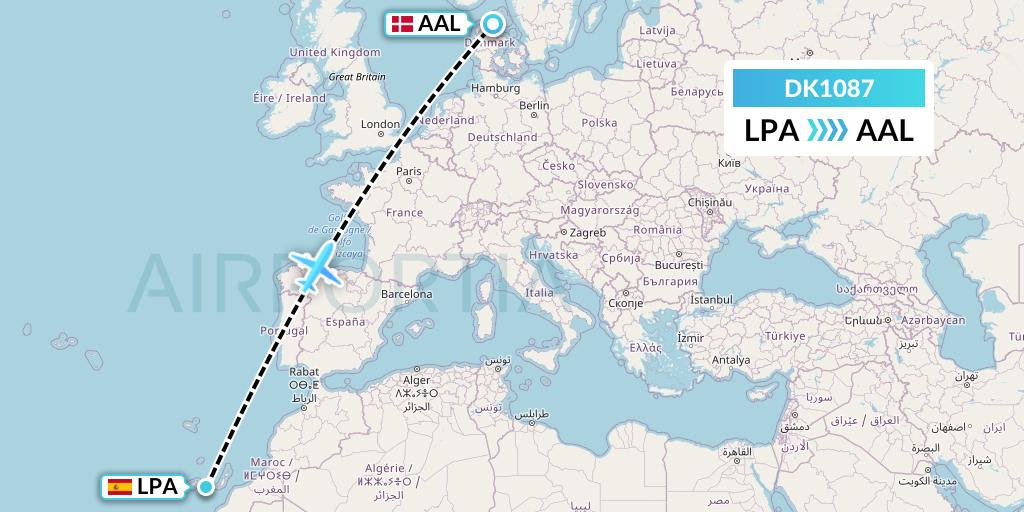 DK1087 Thomas Cook Airlines Scandinavia Flight Map: Las Palmas to Aalborg