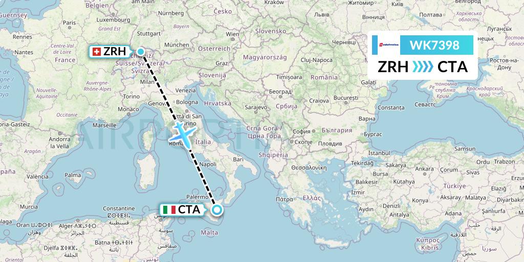WK7398 Edelweiss Air Flight Map: Zurich to Catania