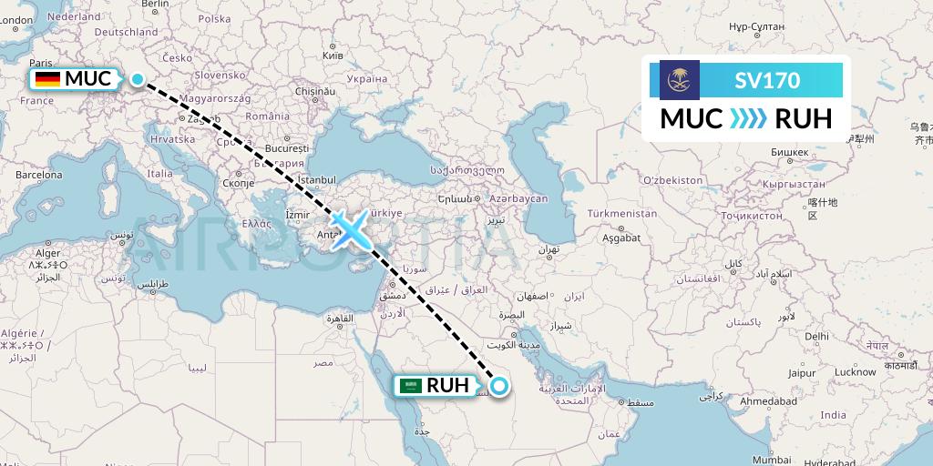 SV170 Saudi Arabian Airlines Flight Map: Munich to Riyadh