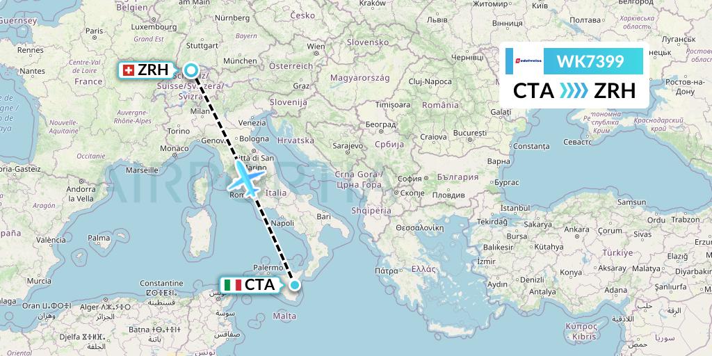 WK7399 Edelweiss Air Flight Map: Catania to Zurich