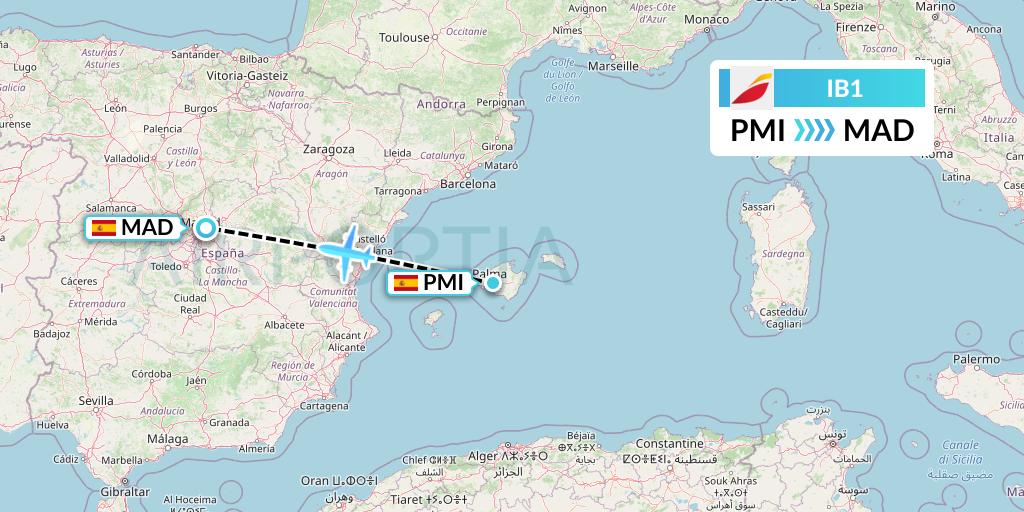 IB1 Iberia Flight Map: Palma de Mallorca to Madrid