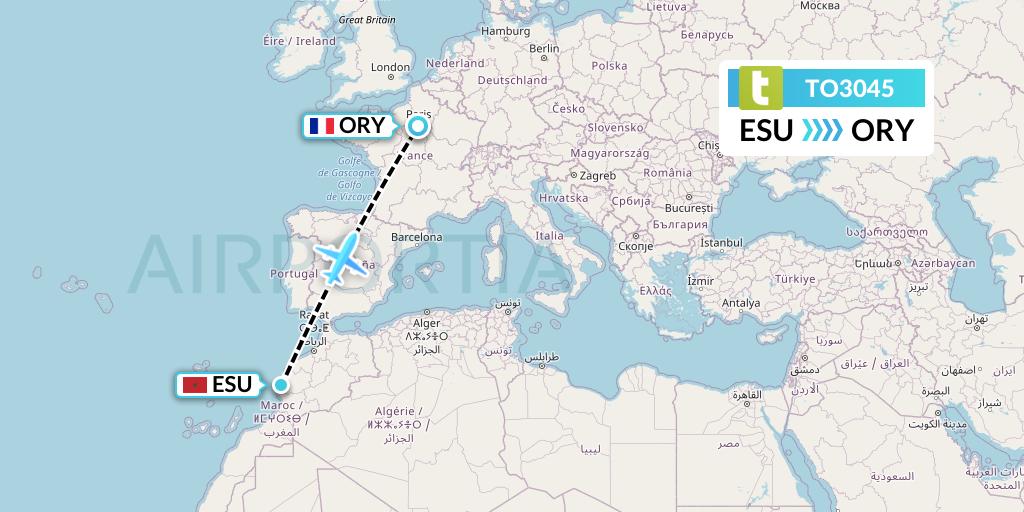 TO3045 Transavia France Flight Map: Essaouira to Paris