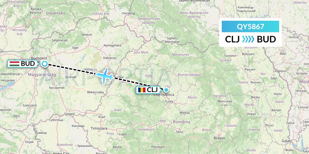 QY5867 European Air Transport Flight Map: Cluj-Napoca to Budapest