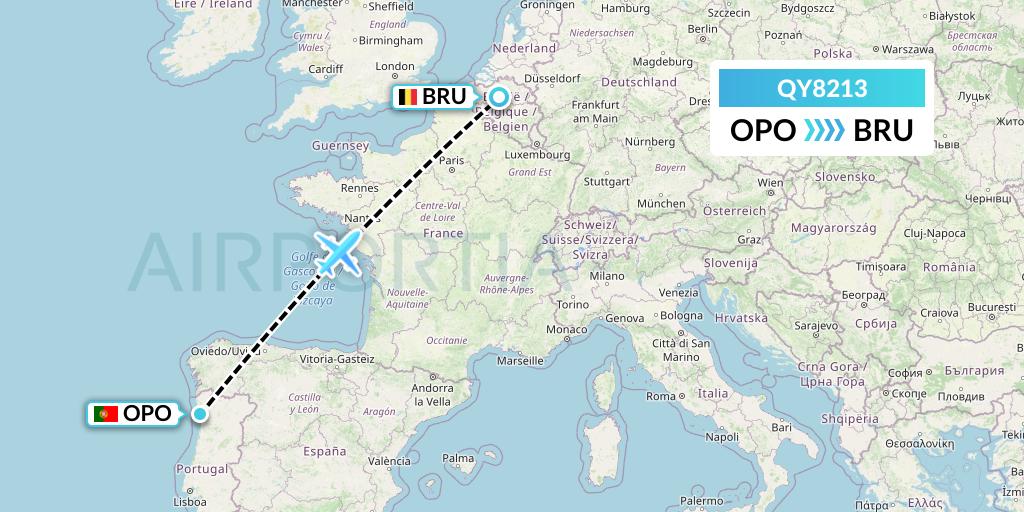 QY8213 European Air Transport Flight Map: Porto to Brussels