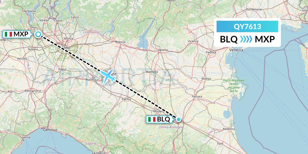 QY7613 European Air Transport Flight Map: Bologna to Milan