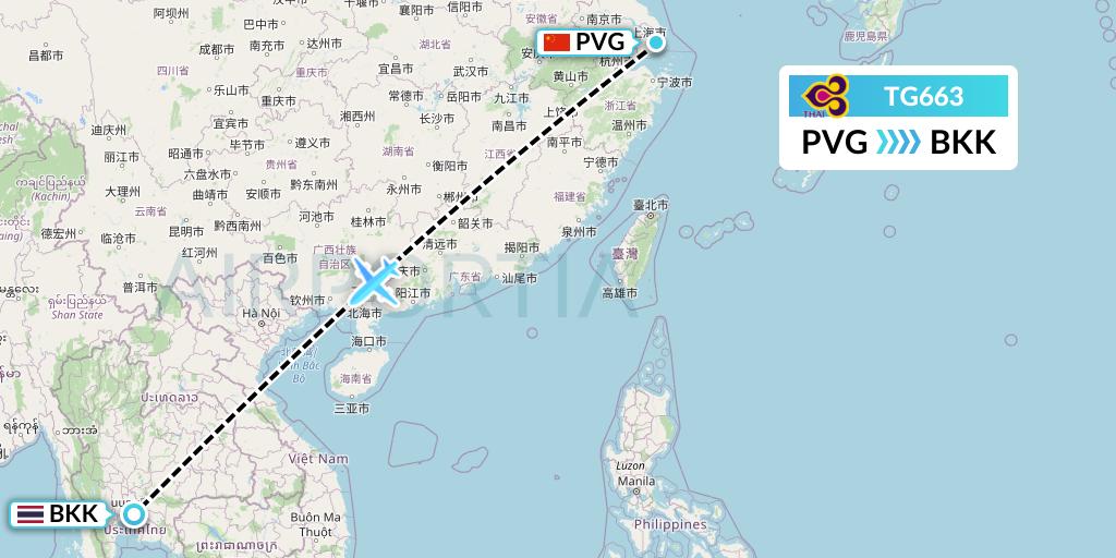 TG663 Thai Airways Flight Map: Shanghai to Bangkok