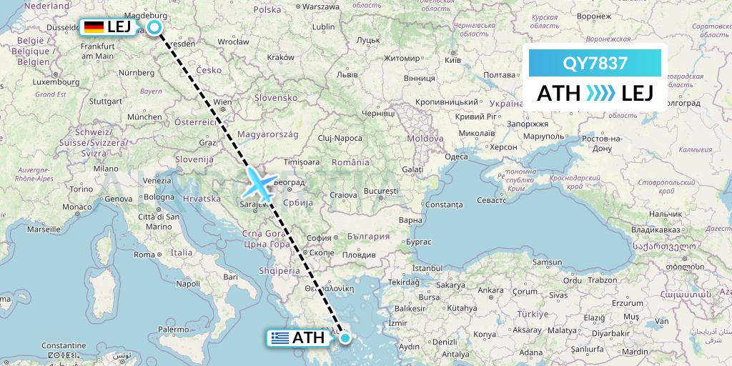QY7837 European Air Transport Flight Map: Athens to Leipzig