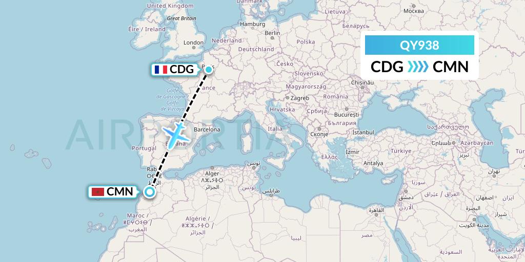 QY938 European Air Transport Flight Map: Paris to Casablanca