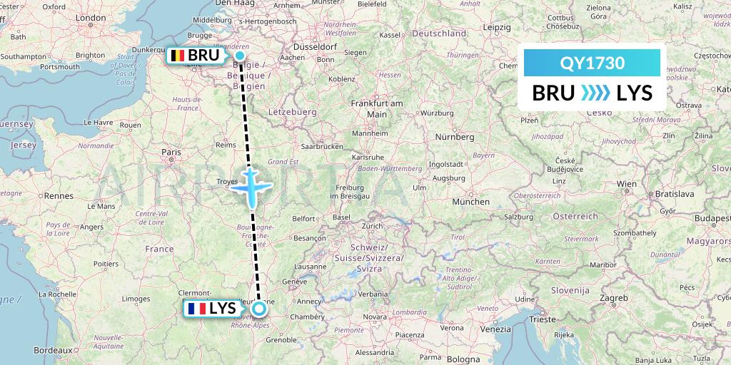 QY1730 European Air Transport Flight Map: Brussels to Lyon