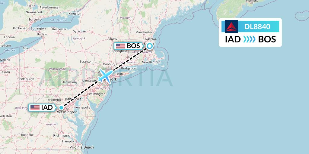 DL8840 Delta Air Lines Flight Map: Washington to Boston