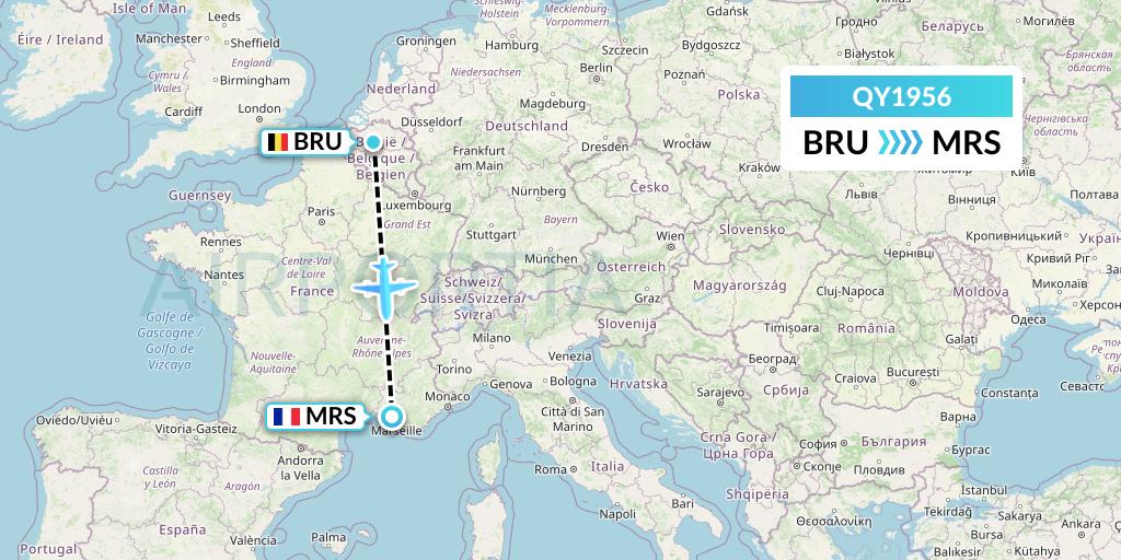 QY1956 European Air Transport Flight Map: Brussels to Marseille