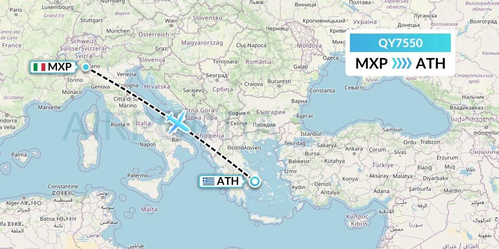 QY7550 European Air Transport Flight Map: Milan to Athens