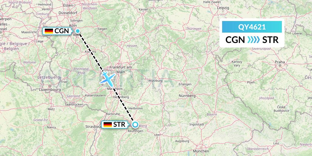 QY4621 European Air Transport Flight Map: Cologne to Stuttgart